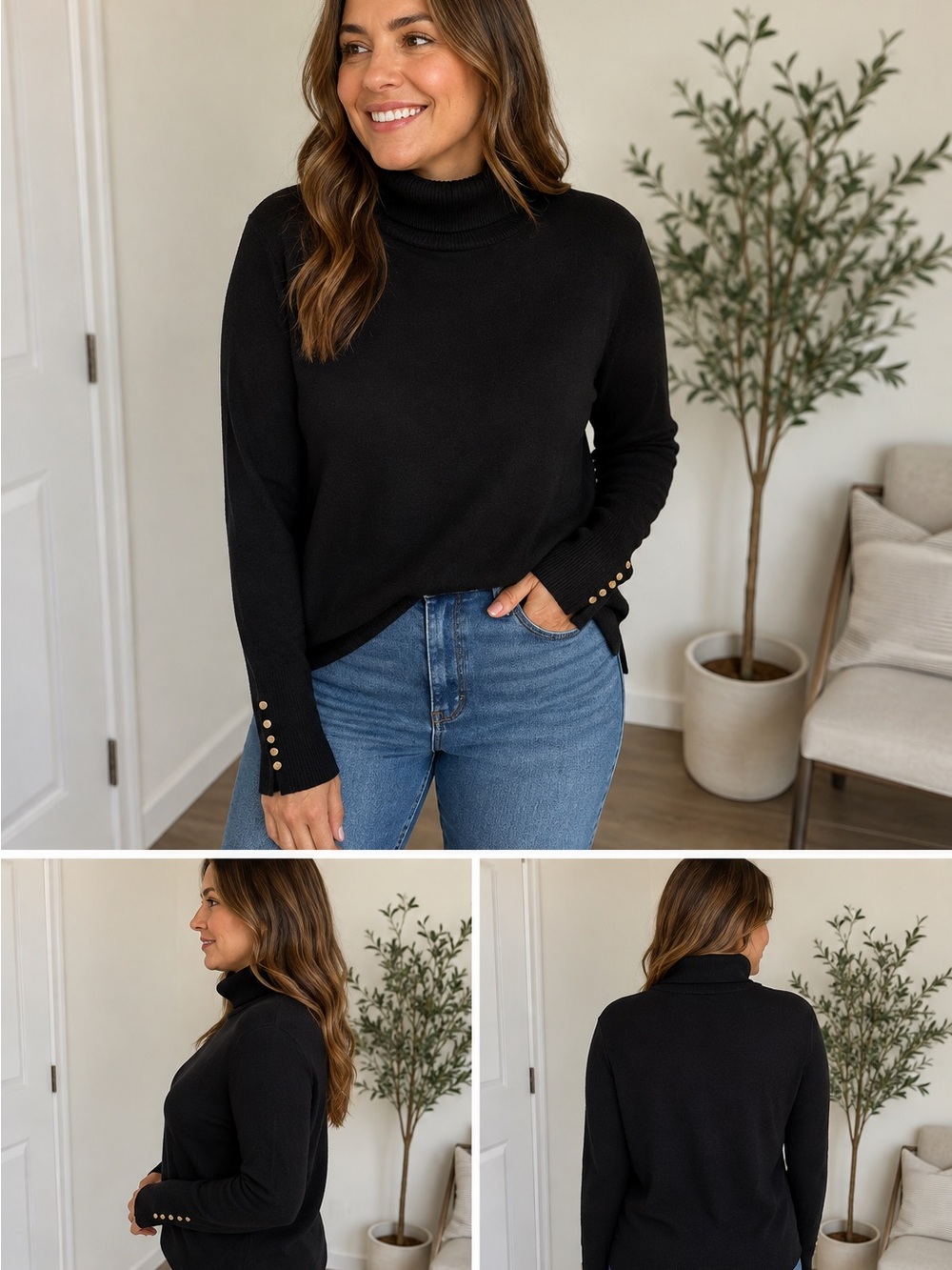 Zara Black Turtleneck Sweater with Gold Button Cuffs